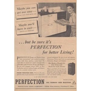 1945 Perfection Stove Vintage Print Ad Oil Range Heater WWII Kitchen Appliance